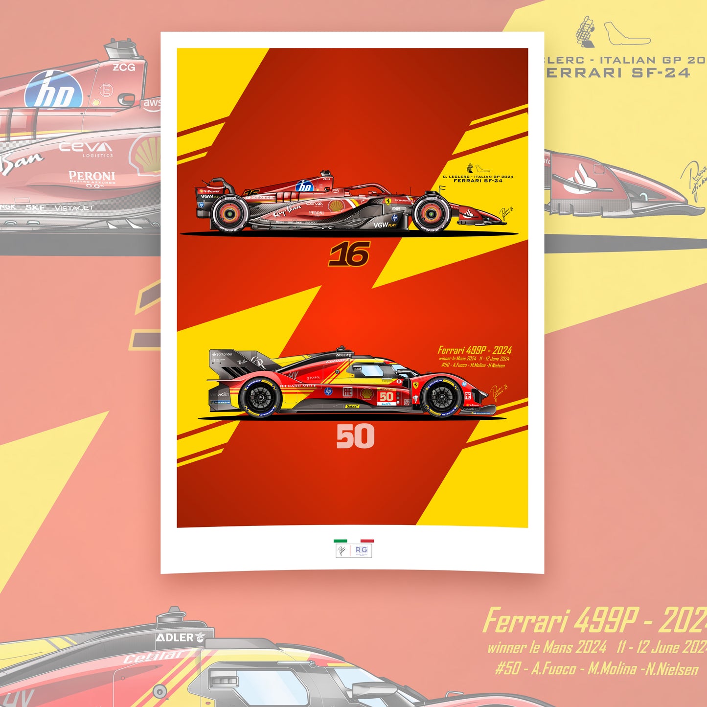 Ferrari SF-24 + 499P poster celebrating victories- A2/A3